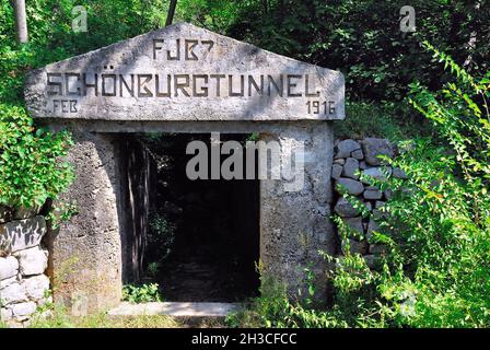 Friuli Venezia Giulia, Italie.Mont San Michele.L'entrée du 'Schonburgtunnel', l'une des principales œuvres défensives de l'armée austro-hongroise.Le tunnel s'est déplacé d'un côté de la colline à l'autre.C'était un refuge pour les soldats austro-hongrois et un chemin sûr de la Réserve vers la ligne de front.À l'autre entrée, il y avait une mitrailleuse qui défendait le territoire de Cima 2 à Cima 3. Banque D'Images