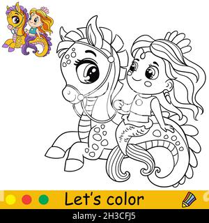 Mignonne petite sirène à cheval.Page de coloriage et modèle coloré pour l'éducation des enfants d'âge préscolaire et scolaire.Illustration vectorielle.Pour la conception, t Illustration de Vecteur