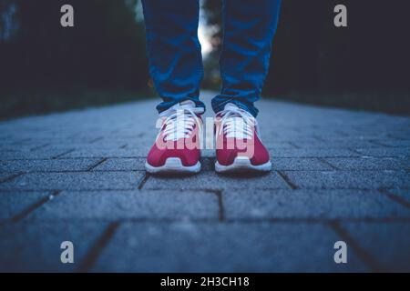 Chaussures rouges sur un sentier pendant l'heure bleue Banque D'Images