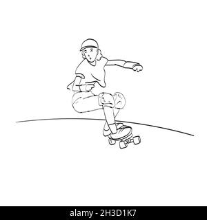 Line art femmes asiatiques surf skate ou skates dessin vectoriel isolé sur fond blanc Illustration de Vecteur