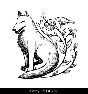 Joli loup de bande dessinée assis près de l'arbuste fleuri avec un petit oiseau sur la branche.Vecteur zentangl coloriage antistress livre.Noir et blanc. Illustration de Vecteur