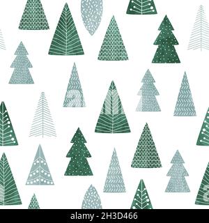 Joyeux Noël pin dessiné à la main motif sans couture avec aquarelle décoration d'art nordique.Fond de dessin animé de forêt de style scandinave. Banque D'Images