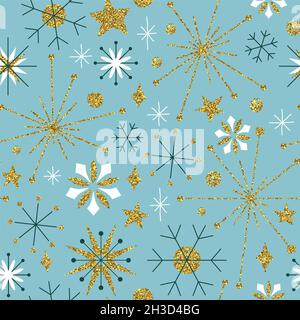 Motif de Noël sans couture illustration de la décoration dorée de luxe à paillettes et de l'ornement de flocon de neige d'hiver dans le style d'art populaire vintage.Backgro du milieu du siècle Banque D'Images