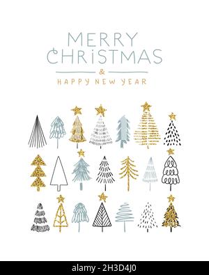Joyeux Noël bonne année carte de voeux illustration de luxe or pailleté arbre de pin Doodle.Joli dessin animé de style scandinave pour les invités de la fête Banque D'Images