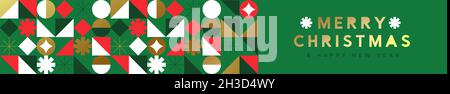 Joyeux Noël et bonne année or géométrique mosaïque web bannière illustration.Design moderne de style nordique avec icônes de flocons de neige festives.Noël de luxe Banque D'Images