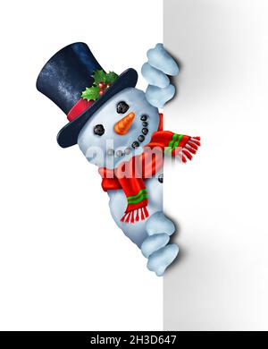 Bonhomme de neige qui se cache derrière un panneau blanc vierge comme un joyeux hiver bonhomme de neige qui se cache derrière un panneau d'affichage pour les fêtes de Noël ou les fêtes de fin d'année. Banque D'Images