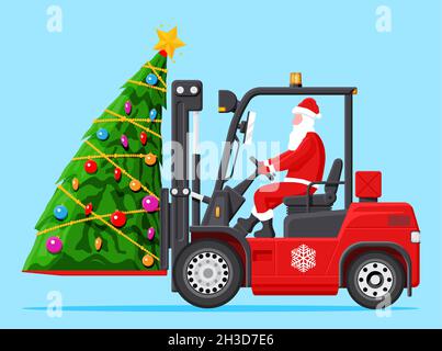 Le Père Noël dans un chariot élévateur rouge chargé d'arbre. Illustration de Vecteur