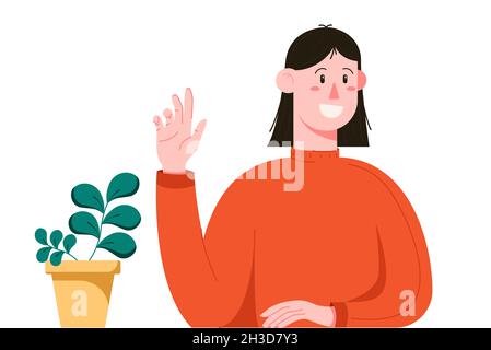 Une femme agite sa main pour dire bonjour à ses amis.Jeune femme avec une plante dans un style plat. Illustration de Vecteur