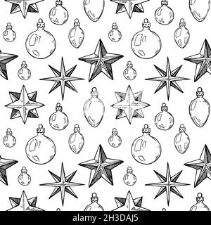 Motif sans couture Happy Year et Merry Christmas dessiné à la main avec boules d'arbre de Noël et étoiles.Illustration vectorielle dans le style d'esquisse Illustration de Vecteur