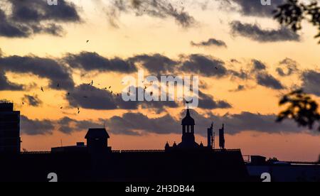 Brighton Royaume-Uni 28 octobre 2021 - le soleil se lève sur le clocher de Brighton College ce matin tandis que certaines parties de la Grande-Bretagne du Nord subissent des pluies torrentielles et des inondations : Credit Simon Dack / Alay Live News Banque D'Images