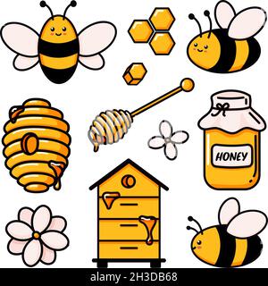 Ensemble d'abeilles mignonnes, miel sain savoureux, pot, nid d'abeille, ruches,fleur, miel en bois balancier et texte vecteur illustrations doodle.Illustration vectorielle colorée à la main, en style dessin animé. Illustration de Vecteur