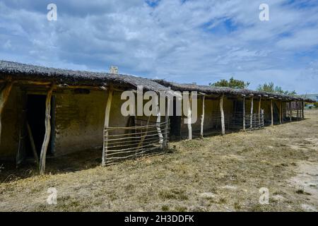 Vieux friches industrielles abandonnées vider une grange de vache ou de mouton ou stable sur l'herbe verte et avec un magnifique fond bleu ciel. Banque D'Images