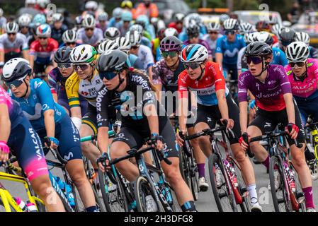 Le groupe péloton de cyclistes féminins se trouve autour de l'autoroute à péage de Rettendon lors de la course cycliste AJ Bell pour femmes, phase 4, Essex, Royaume-Uni.SD Worx riders Banque D'Images