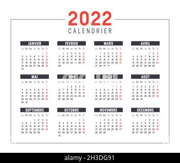 Calendrier de l'année 2022, en français, isolé sur fond blanc.Modèle vectoriel. Illustration de Vecteur