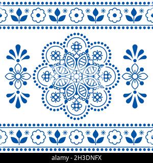 Motif vectoriel scandinave sans couture avec cadre et mandala - imprimé textile ou tissu Nordic folk avec fleurs en bleu marine sur blanc Illustration de Vecteur