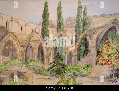 Peinture d'origine à l'aquarelle de l'abbaye de Bellapalais, dans le nord de Chypre.Par Leonard Frederick Webb, 1991. Banque D'Images