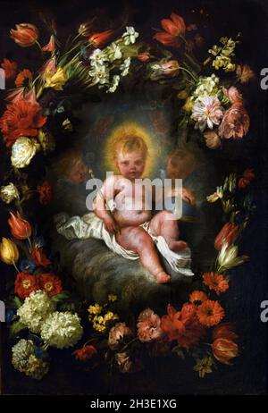 Gesu Bambino entro una ghirlanda di fiori - bébé Jésus dans une guirlande de fleurs. Par Domenico Piola (1627–1703) Fresco, peinture murale, Italie, Italien, Banque D'Images