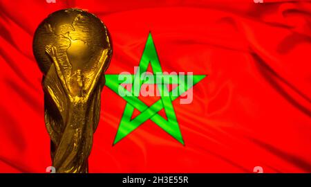 6 octobre 2021, Rabat, Maroc.Coupe du monde de la FIFA sur fond de drapeau du Maroc. Banque D'Images