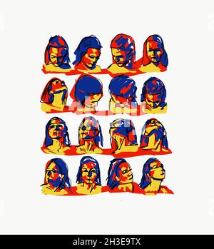 Illustration de collage vectoriel colorée et créative d'une jeune femme de différentes humeurs sur fond blanc Banque D'Images