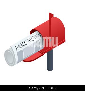 Concept isométrique de fausses nouvelles.Portail de faux journaux.En ligne Corona fake news sur la boîte aux lettres. Illustration de Vecteur