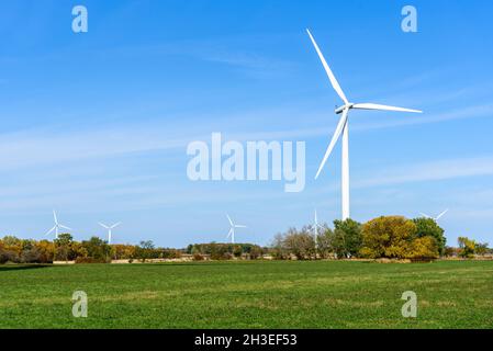 Éolienne à l'extrémité d'un champ herbacé par une journée d'automne claire.D'autres éoliennes sont visibles en arrière-plan.Copier l'espace. Banque D'Images