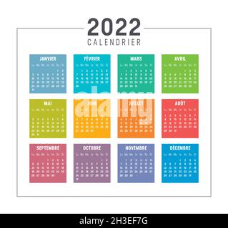 Calendrier coloré de l'année 2022 isolé, en français, sur fond blanc.Modèle vectoriel. Illustration de Vecteur