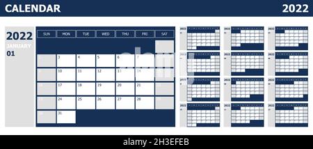 Calendrier 2022 semaines début dimanche design planificateur avec bleu et gris, vecteur de stock Illustration de Vecteur