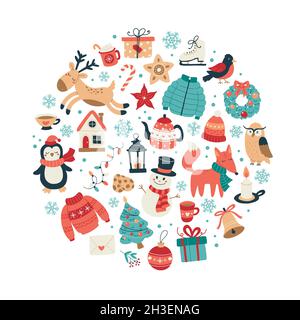Collection Noël et nouvel an d'animaux mignons et d'éléments saisonniers en forme circulaire.Illustration vectorielle dessinée à la main Illustration de Vecteur