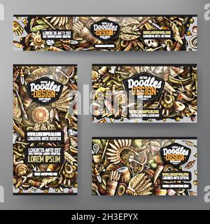 Ensemble de modèles d'identité d'entreprise Native American à vecteur de dessin animé.Bannières rigoles colorées, cartes d'identité, Flayer pour l'utilisation sur la marque, invitatio Illustration de Vecteur