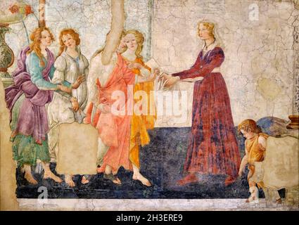 France, Paris, Musée du Louvre, Vénus, Déesse romaine de l'Amour, et les trois grades offrant des cadeaux à une jeune fille de Botticelli Banque D'Images