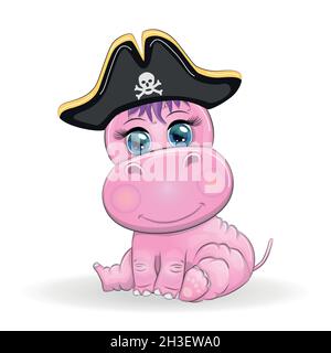 Hippopotame pirate, personnage de dessin animé du jeu, animal sauvage dans un bandana et un chapeau de coké avec un crâne, avec un patch pour les yeux.Caractère avec e lumineux Illustration de Vecteur