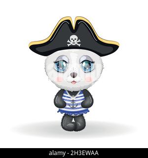 Panda pirate, personnage de dessin animé du jeu, ours sauvage dans un bandana et un chapeau de coked avec un crâne, avec un patch pour les yeux.Personnage aux yeux lumineux Isola Illustration de Vecteur