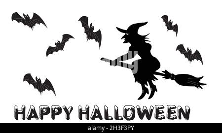 La sorcière vole dans le ciel sur son bâton de couvée.Les chauves-souris volent également dans le ciel Illustration de Vecteur