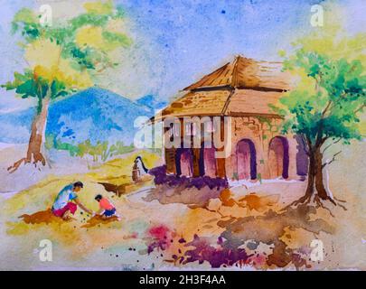 Peinture d'aquarelle de village indien brillant , illustration peinte à la main.Maison de village, arbres et enfants jouant des marbres sur le terrain au premier plan Banque D'Images