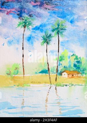 Peinture d'aquarelle de village indien brillant , illustration peinte à la main.Maison de village, palmiers et réflexion dans un étang.Landscape rurale. Banque D'Images