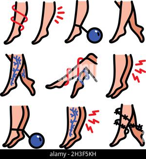 Ensemble d'icônes de collecte des varices.Symptômes varices et traitement Pictogrammes linéaires.Illustrations vectorielles couleur. Illustration de Vecteur