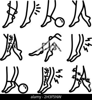 Ensemble d'icônes de collecte des varices.Symptômes varices et traitement Pictogrammes linéaires.Illustrations vectorielles monochromes. Illustration de Vecteur