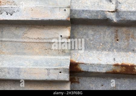 Ancienne clôture en métal ondulé gris avec taches de rouille, texture photo d'arrière-plan frontal Banque D'Images