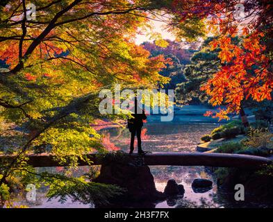 Silhouette d'un homme qui se pose sur le pont Togetsukyo dans le jardin Rikugien de Tokyo entouré de feuillage d'automne, au coucher du soleil Banque D'Images