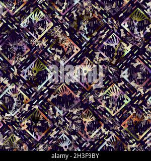 Imprimé camouflage géométrique exotique multicolore de boho.Motif de répétition détaillé pour le sol sombre automnal sans couture. Banque D'Images