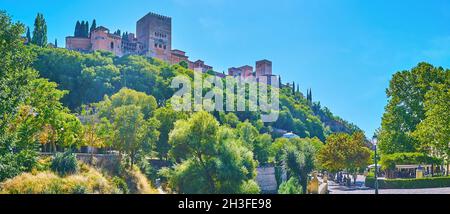 Panorama avec la colline verdoyante de Sabika, surmontée de la forteresse de l'Alhambra, de la gorge de la rivière Darro et du parc topiaire avec de grands arbres, situé sur le Paseo de los Banque D'Images