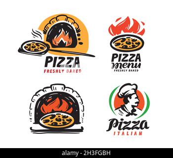 Logos de la pizzeria.Ensemble de badges vectoriels avec pizza.Étiquettes pour pizzeria, restaurant de cuisine italienne de café Illustration de Vecteur