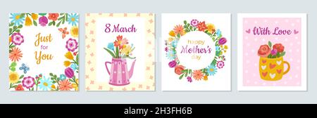 Cartes de femme florales.Bannière d'amour, femmes jour fleurs bouquet de flyers modèle.Anniversaire fête créative invitation design ensemble de vecteur exact Illustration de Vecteur