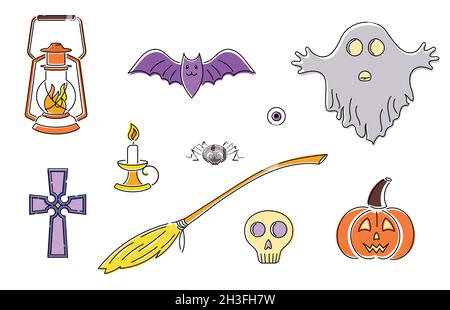 Jeu d'art de ligne lumineuse de citrouille, fantôme, araignée, crâne.Collection d'icônes pour Halloween Illustration de Vecteur