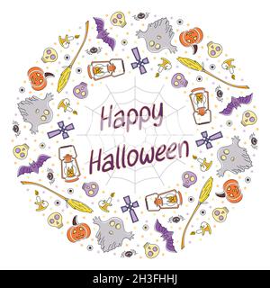 Couronne ronde à lignes brillantes de symboles halloween et félicitations Illustration de Vecteur