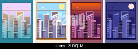 Vue depuis la fenêtre.La nuit jour ville, construire des silhouettes dans le crépuscule à l'extérieur.Temps dans la rue, matin après-midi soir en centre-ville vecteur de la caniveau Illustration de Vecteur