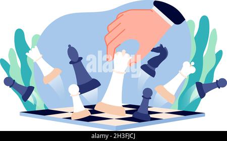 Stratégie d'affaires des Échecs.Jeu d'homme d'affaires, la main déplace la pièce queen à bord.Pensée abstraite d'esprit, la victoire de carrière concept de vecteur de la victoire totale Illustration de Vecteur