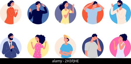 Avatars émotionnels des gens.Différents gestes, heureux triste personnages confus.Femme homme en rond, mignon dessin animé gars filles vecteur ensemble Illustration de Vecteur