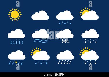 Icônes météo.Climat de saison, pluie et neige.Rapport météo plat ou éléments clipart de prévision.Symboles de vecteur de gouttière nuageux et ensoleillé Illustration de Vecteur
