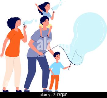 Famille et bulles.Bulle de savon soufflant, parents heureux et enfant jeu en plein air.Les gens jouent ensemble, l'été amusement activité concept de vecteur total Illustration de Vecteur